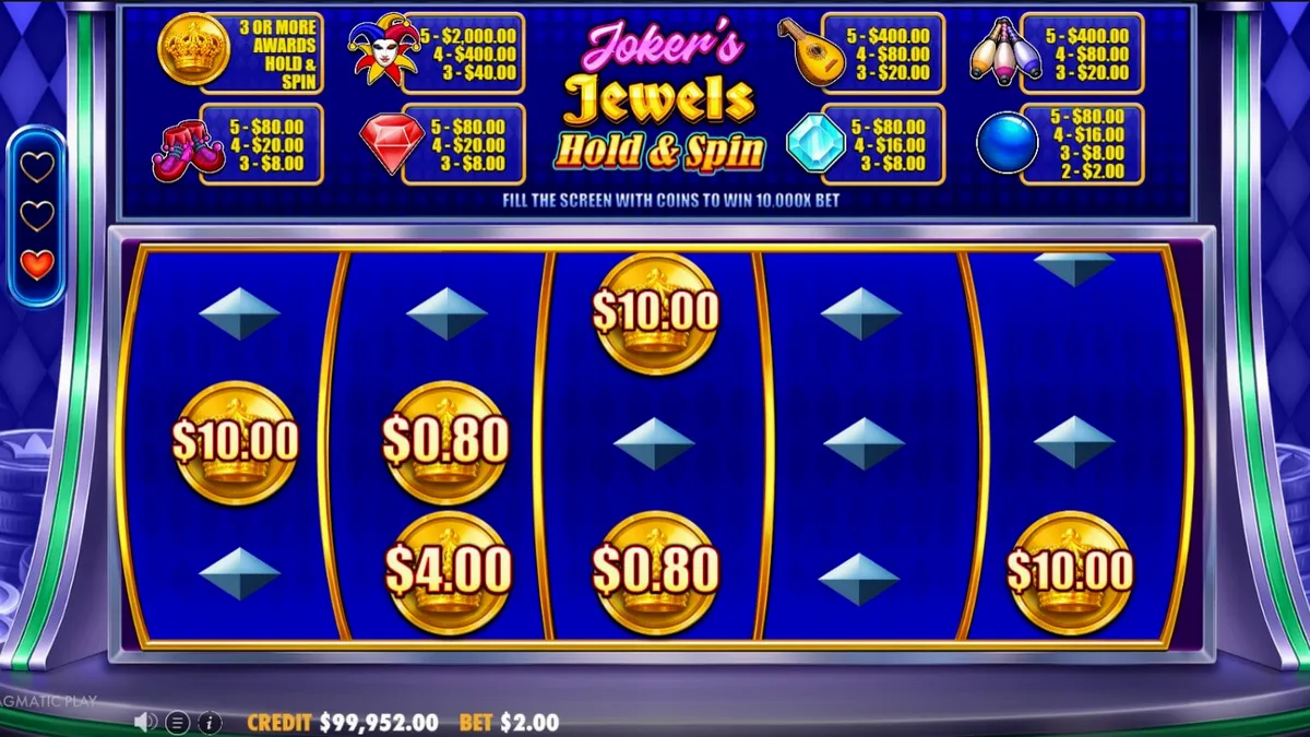 Tampilan visual slot Joker’s Jewels Hold & Spin dengan simbol permata dan Joker yang berkilau.